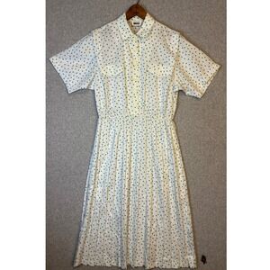 Vintage 70s Leslie Fay Women's White Teal Polka Dot Shirt Dress Pleated‎ Midi